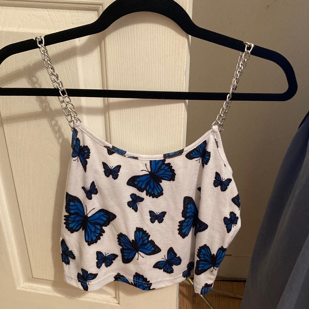 Blue Butterfly Chain Strap Crop Top